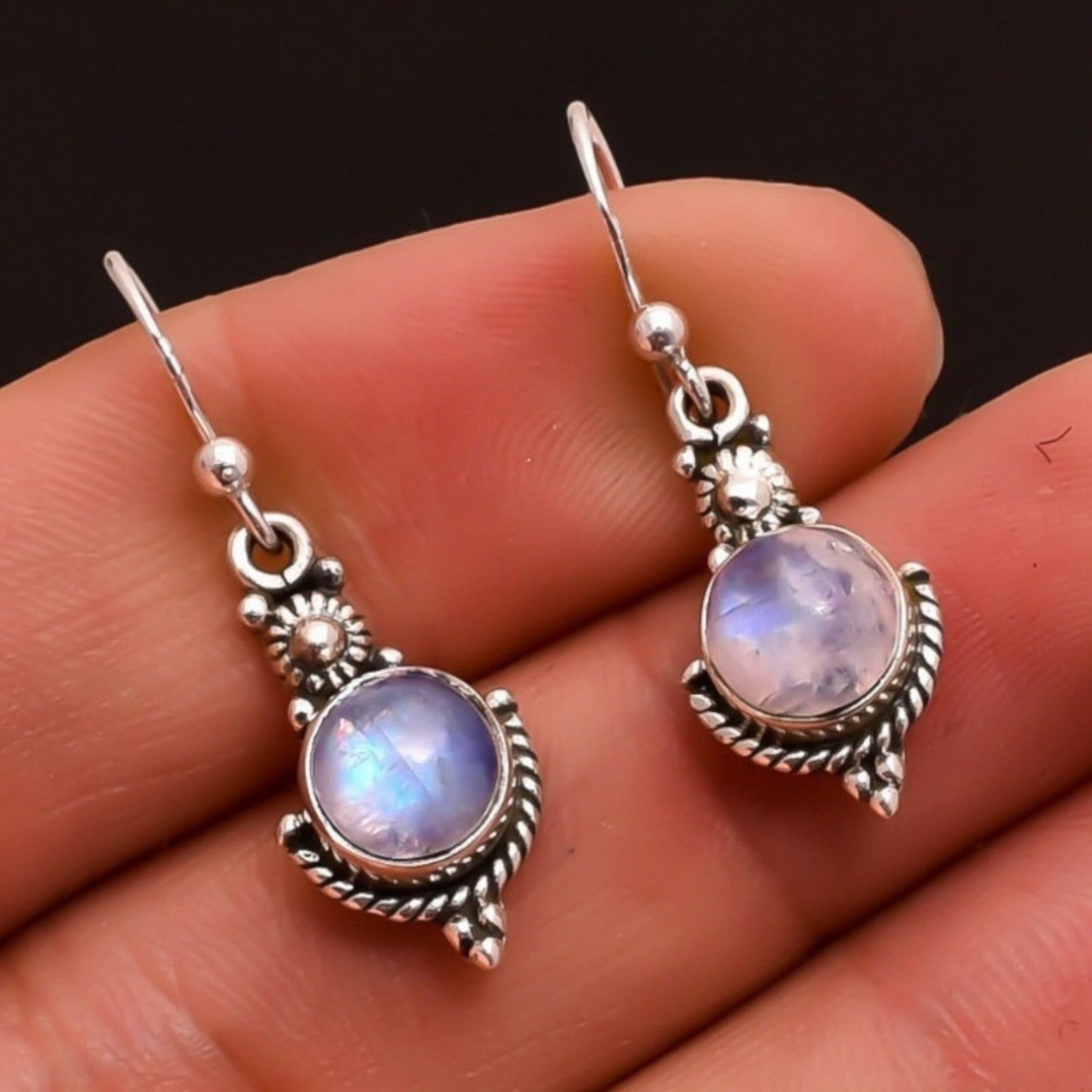 Silver Plated Turquoise Color Moonstone Earrings Hook Dangle Drop Lab-Creat B85