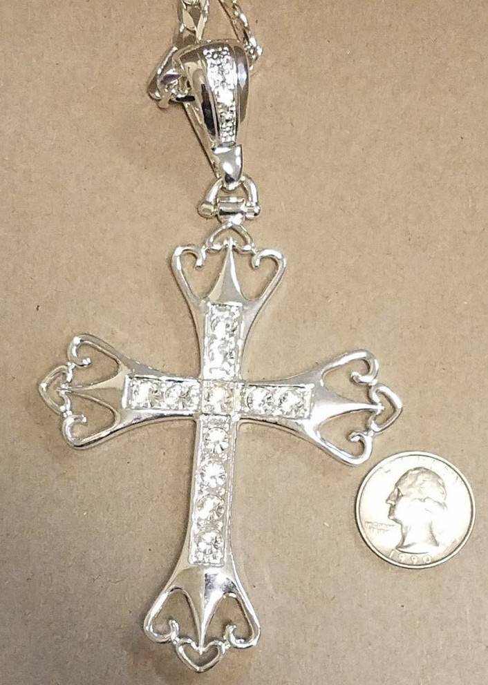 Men’s Silver Plated 30in Long 7mm Wide Figaro Chain & XL Crown CZ Cross Charm