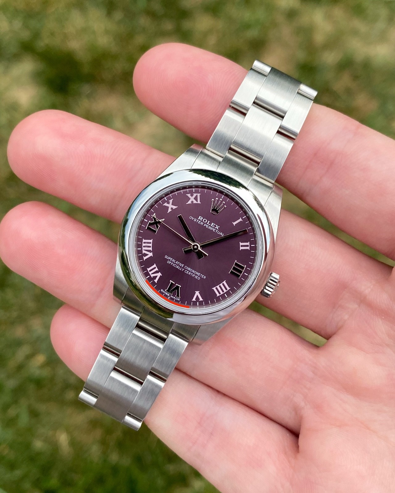 2017 Rolex 177200 Oyster Perpetual 31mm Purple Roman Grape Dial Box and Papers