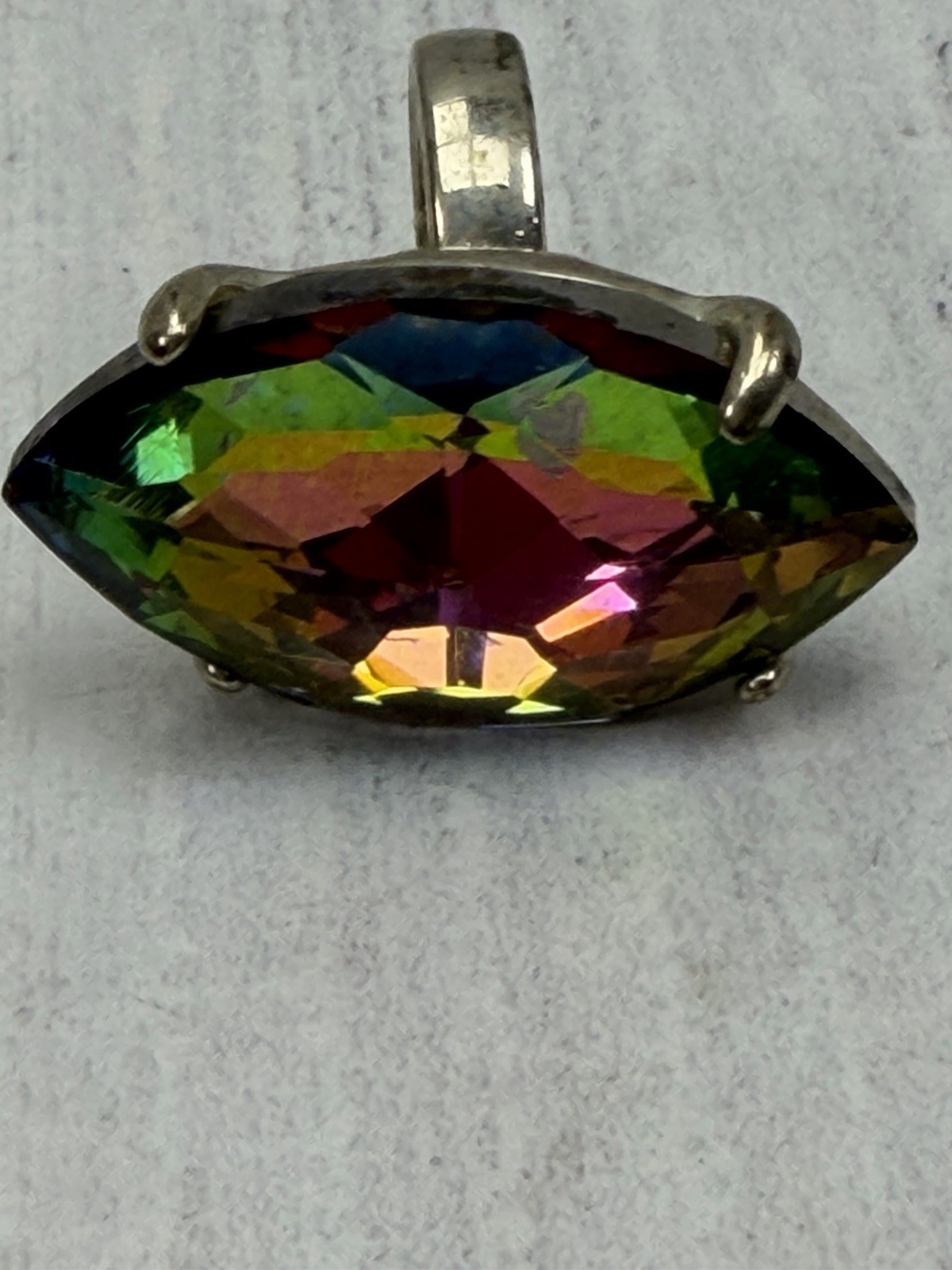 Large Rainbow Foil Backed Crystal Pear Cut Silver Tone Statement Ring Size 5