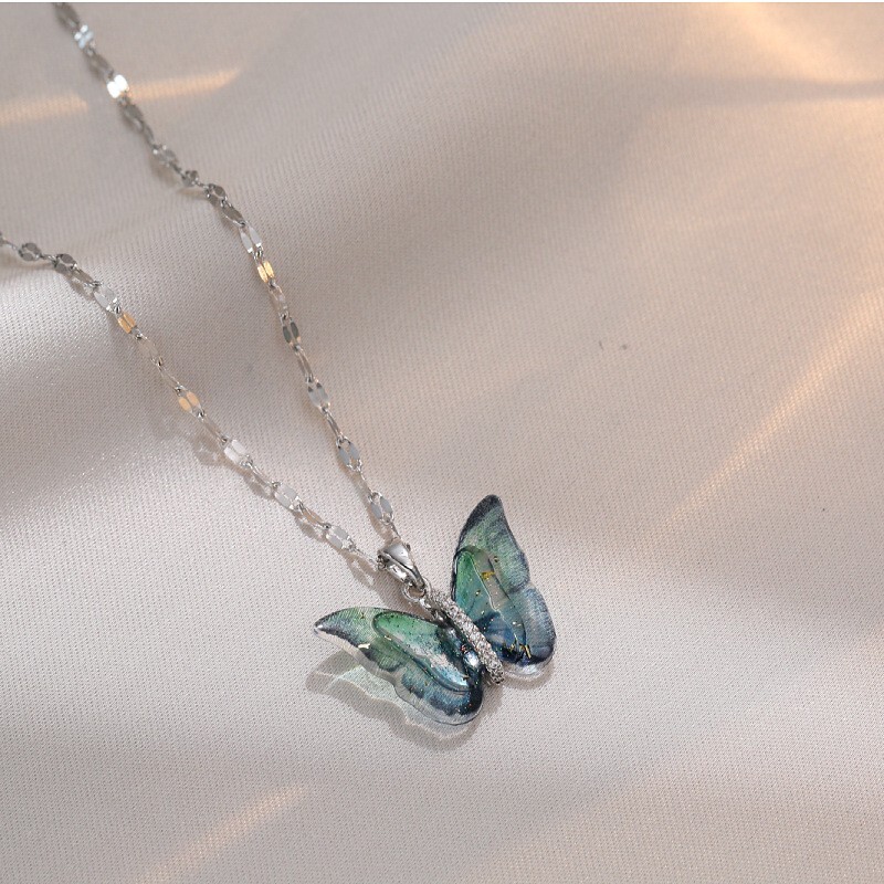 Colored Stone Butterfly Pendant Necklace in Stainless Steel