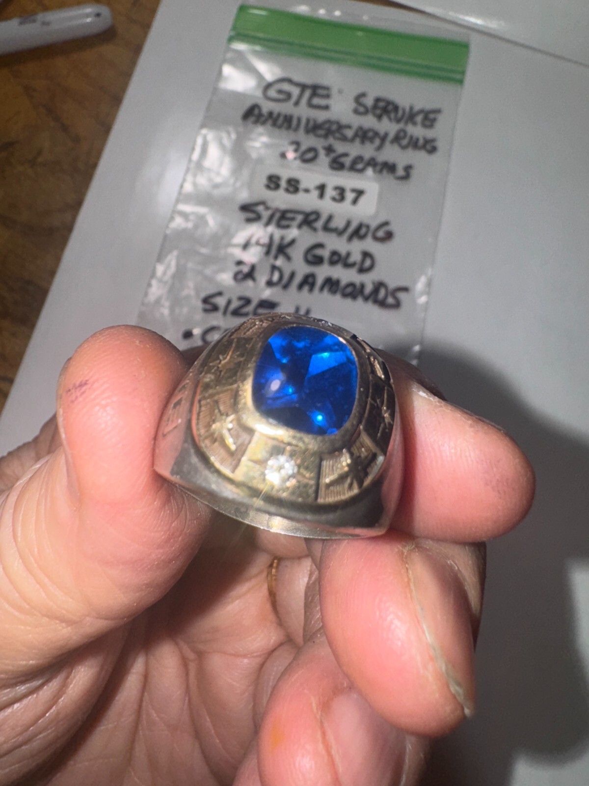 GTE Service Ring: Sterling & 14K Gold w/2 Diamonds & Blue Stone Very Cool SS-137