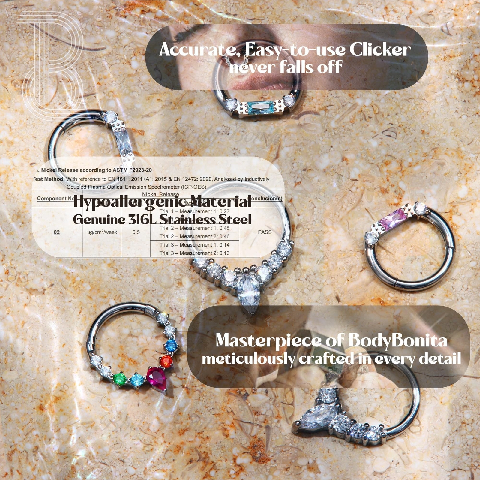 BodyBonita 16G Septum Rings Jewelry – Cubic Zirconia Luxe 316L Stainless Stee…