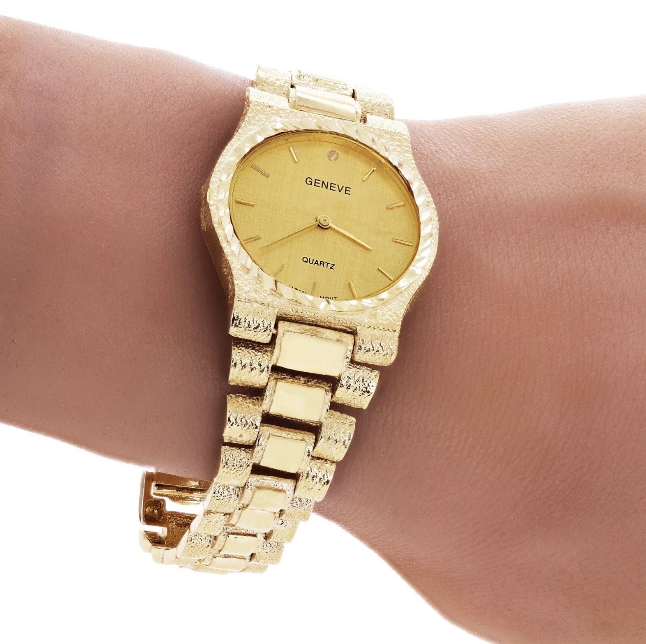 10k Yellow Gold Watch Link Wrist Band with Geneve Diamond Watch 7.5-8″ 49.8grams