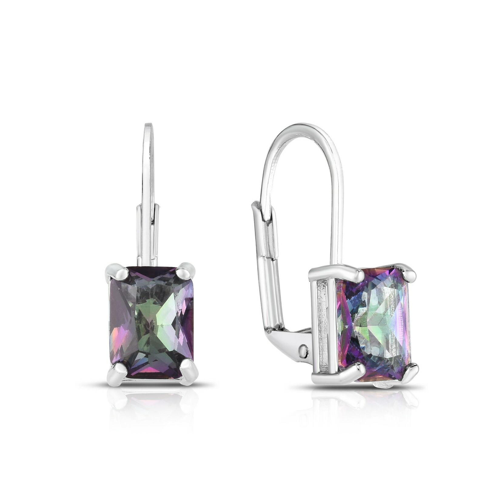 925 Sterling Silver Emerald Cut Mystic Topaz Leverback Earrings For Women