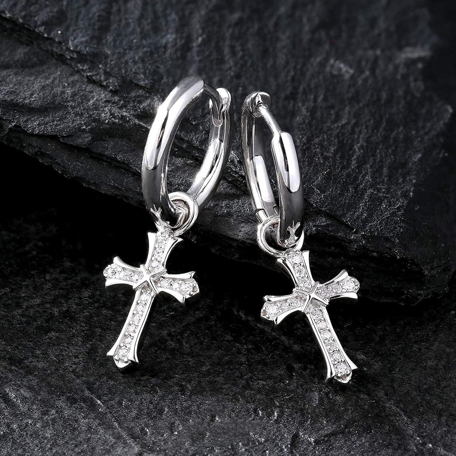 Men & Women 18K White Gold Plated CZ Cross Leverback Huggie Hoop Drop Earrings