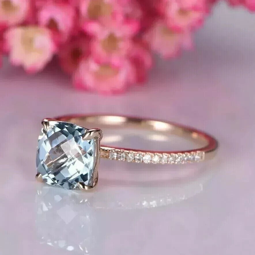 1Ct Cushion Cut Aquamarine Diamond Engagement Ring 14K Rose Gold Plated