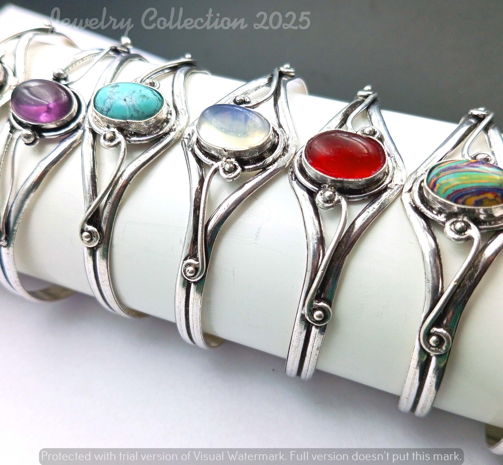 Amethyst & Mix Gemstone 5PCS Cuff Bangles 925 Silver Plated Wholesale Jewelry