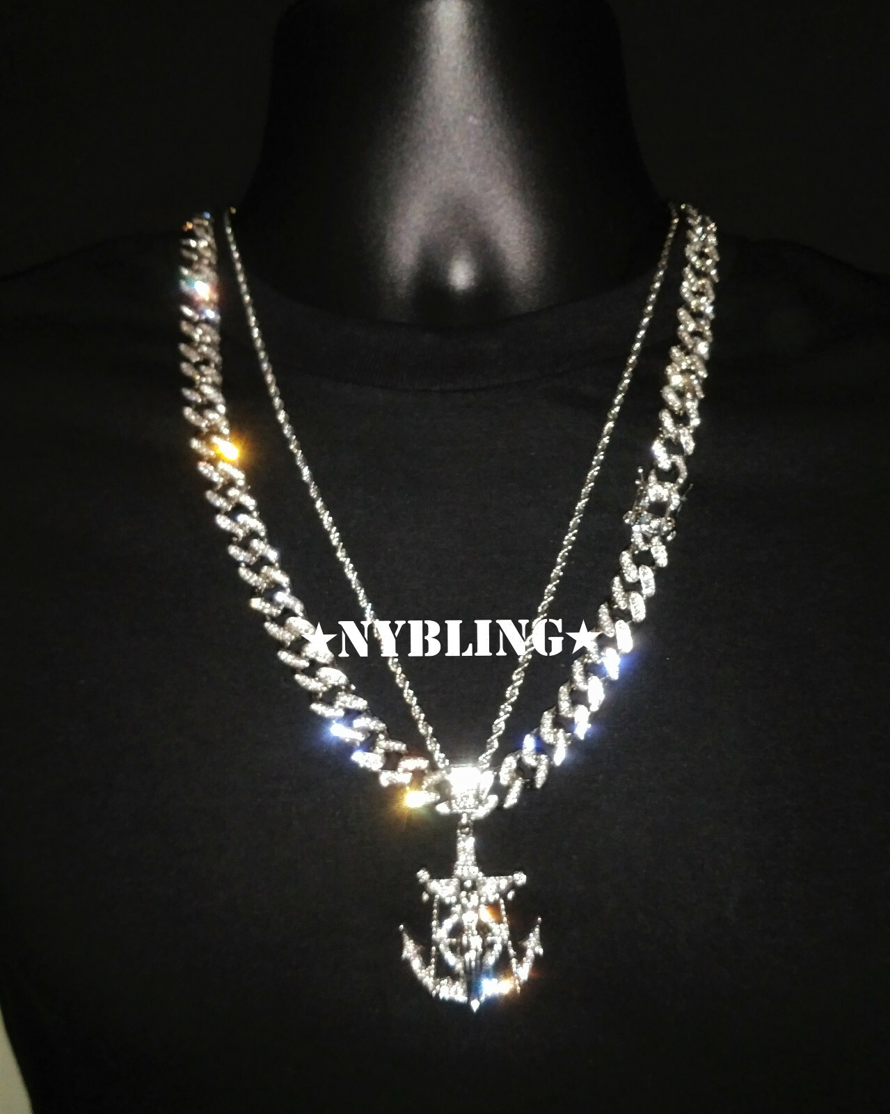 3PC SET, Miami Cuban Chain CZ Necklace, Rope Chain & Jesus Anchor Pendant Plated
