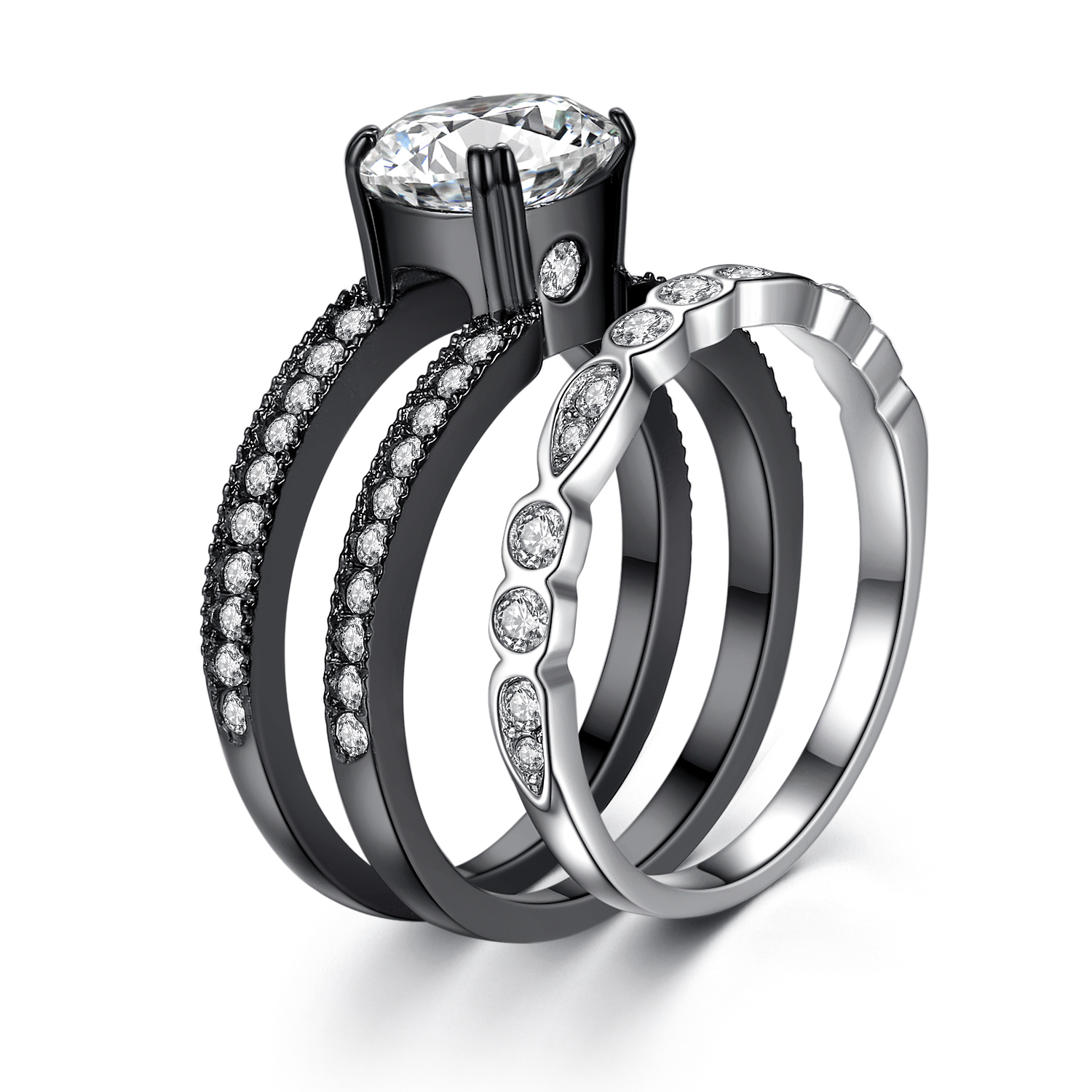 His Titanium Hers Black Stainless Steel Bridal Wedding Engagement Ring Band Set