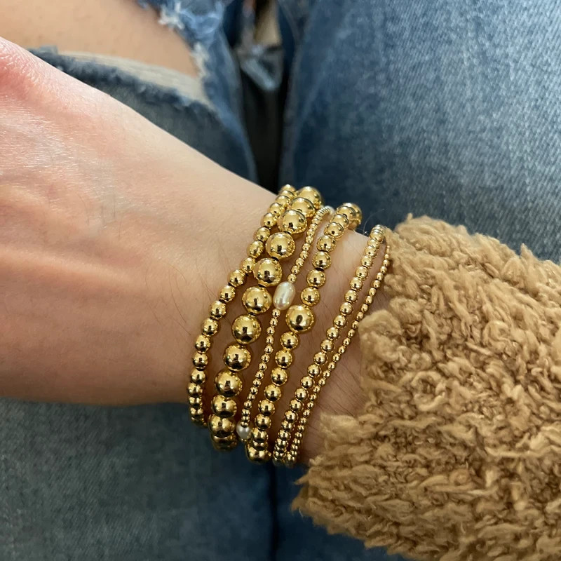 Vintage Dainty 5mm Gold Filled Beaded Layering Bracelet Stretchy Jewelry Gifts