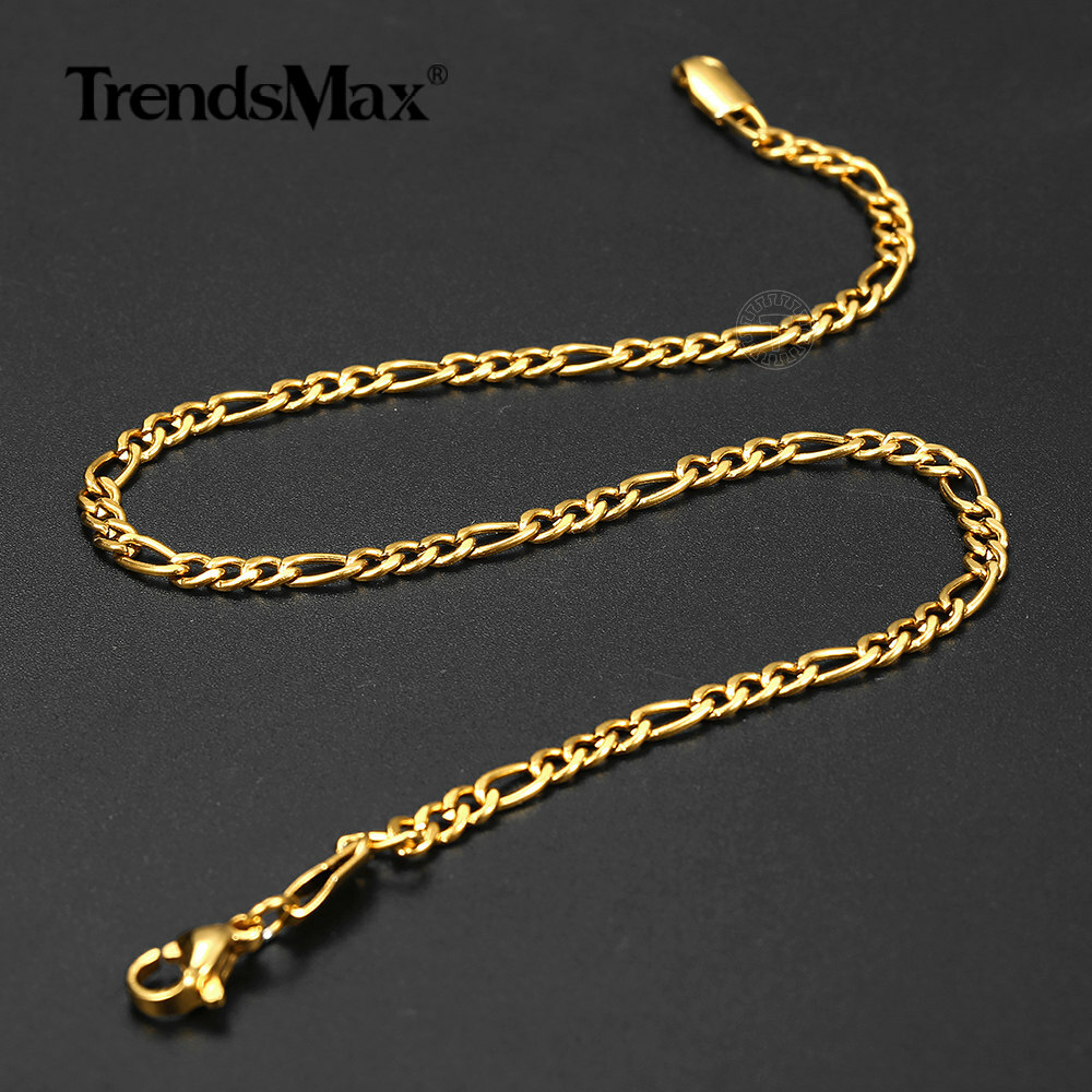 3mm Gold Plated Stainless Steel Figaro Curb Chain Anklet Bracelet Women 10″