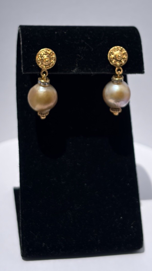 Lustrous Freshwater Baroque 12mm Champagne Pearl Vermeil Drop Earrings with Cz