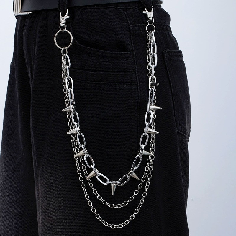 Fashion Silver Plated Alloy Conical Thorn Chain Link Punk Layered Jeans Chain