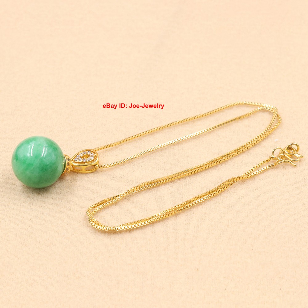 NEW Yellow Alloy Pendant with Heated Green Jade Ball + 18inch Chain Necklace