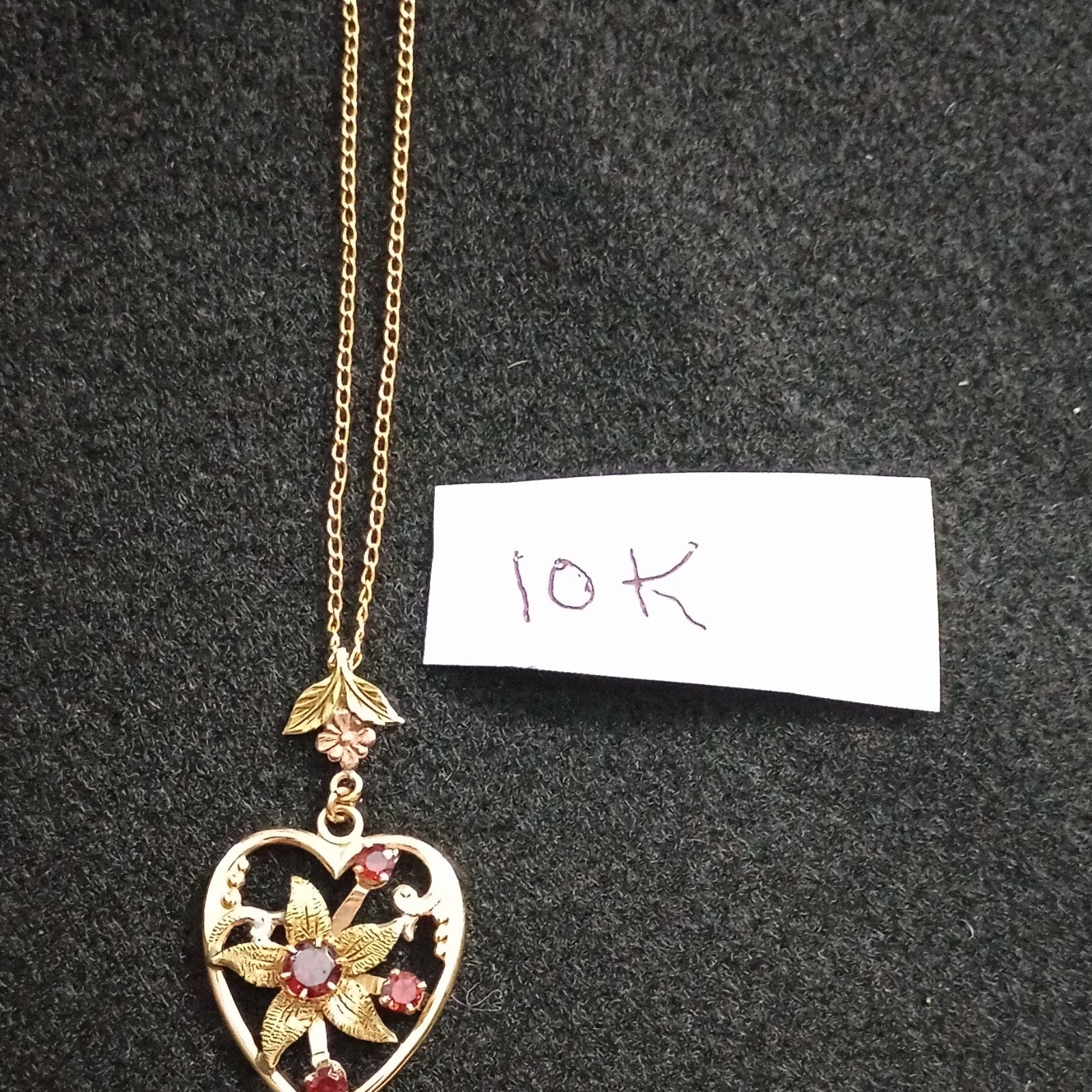 10K Yellow Gold Garnet Heart Pendant 18″ Snake Chain Necklace Red Stones