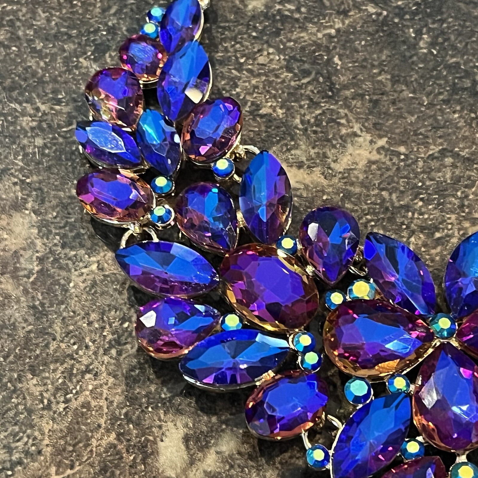 Necklace Iridescent Purple Blue Glass Rhinestone A/B 16” Foil Back STATEMENT