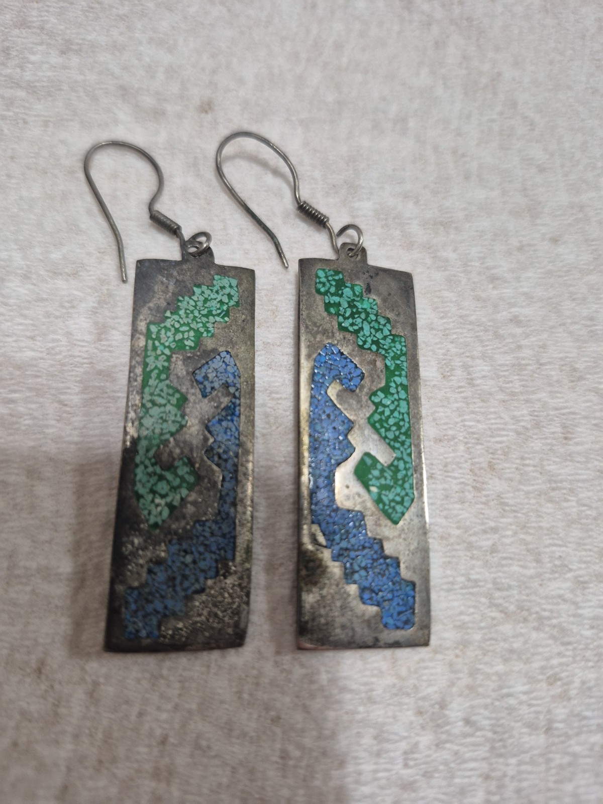 Vintage Mexico Alpaca Crushed Turquoise Lapis Mosaic Rectangle Dangle Earrings