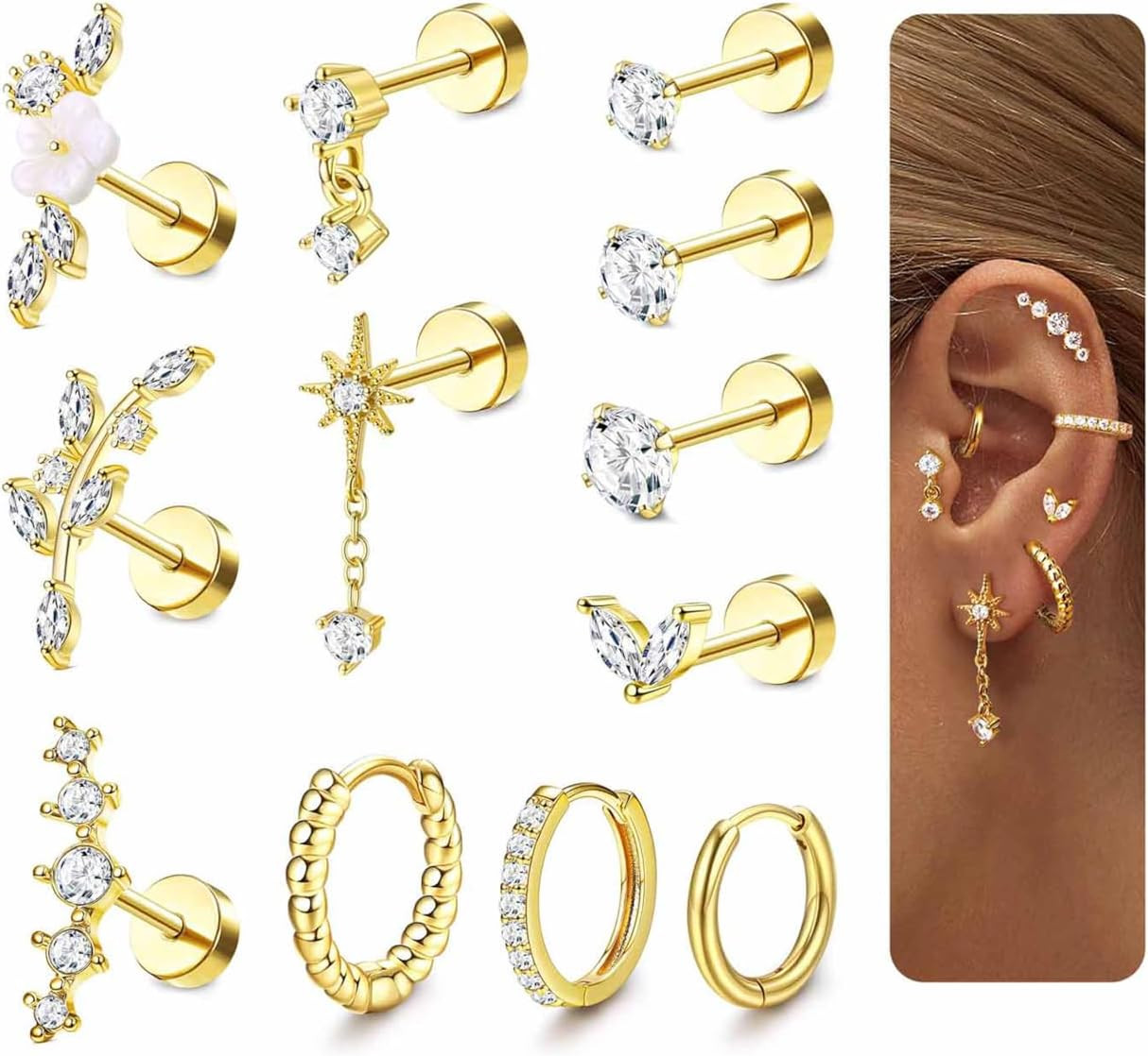16 Gauge Cartilage Earrings for Women Flat Back-Hypoallergenic Surgical Stainles