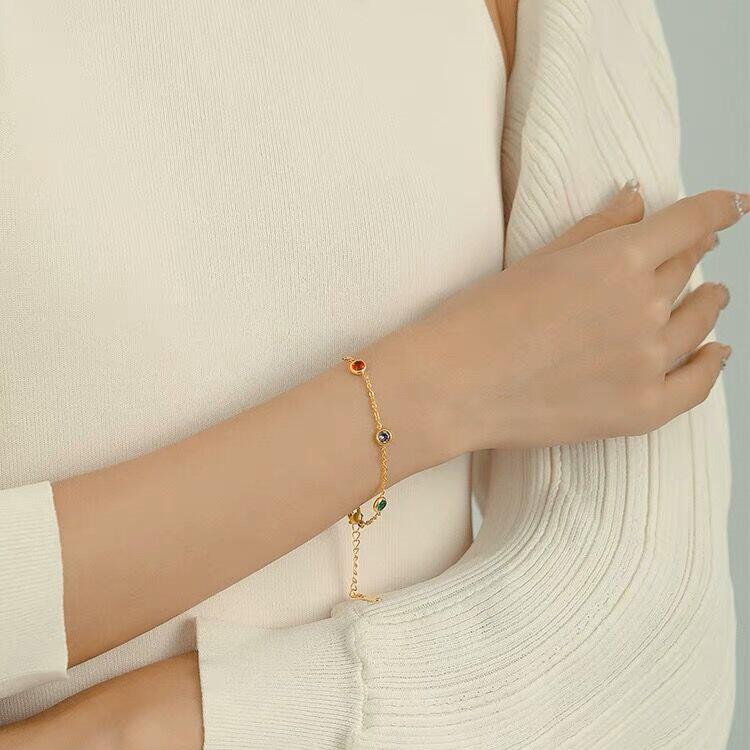 Woman 18K Gold Plated Stainless Steel Multicolor CZ Necklace Chain/Bracelet