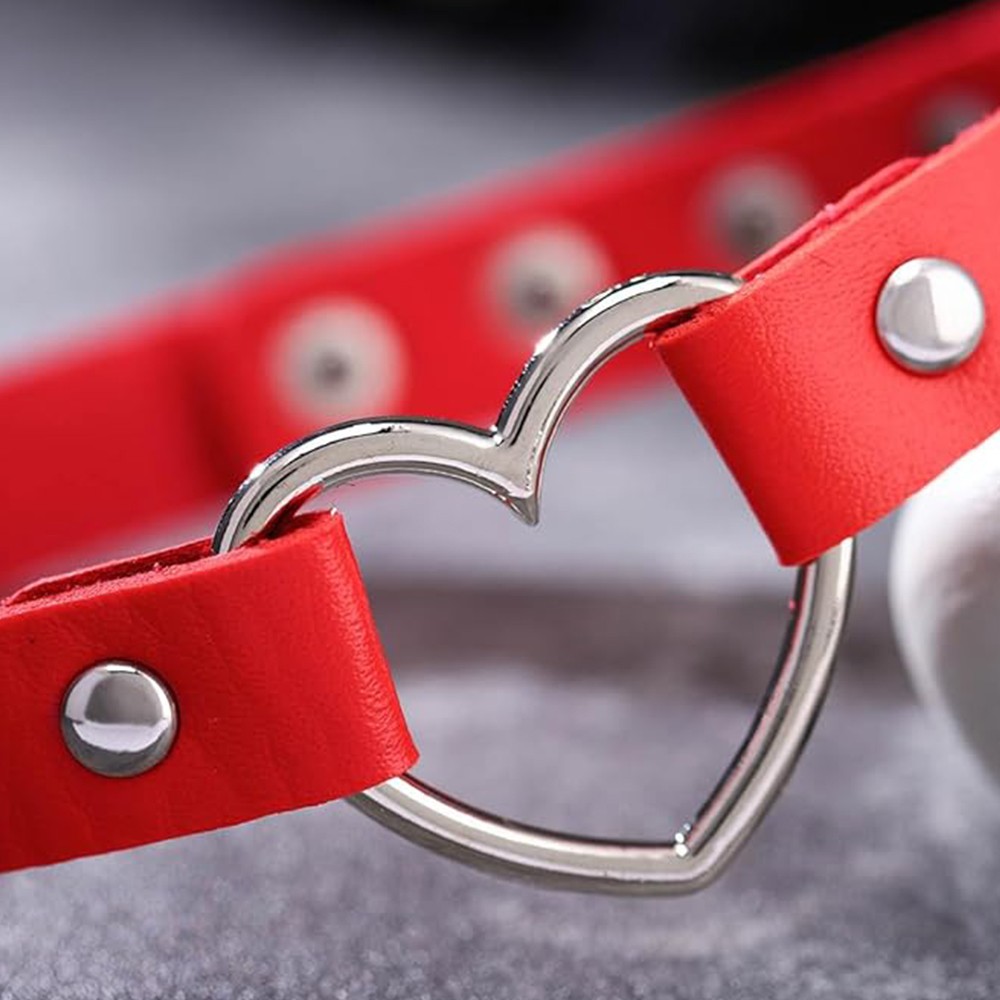 Leather Heart Choker Collar Punk Goth Adjustable Rivet Necklace Love O-Ring