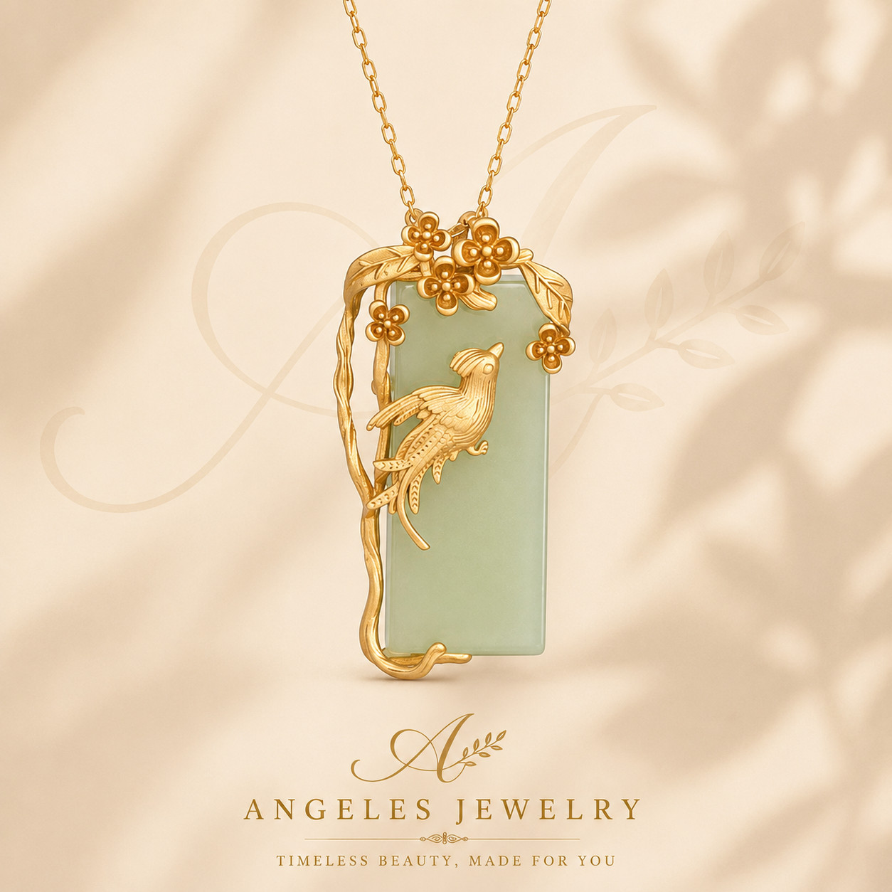Jade Pendant Necklace Charm 18K Gold Plated Chain Phoenix Bird Dainty Gemstone