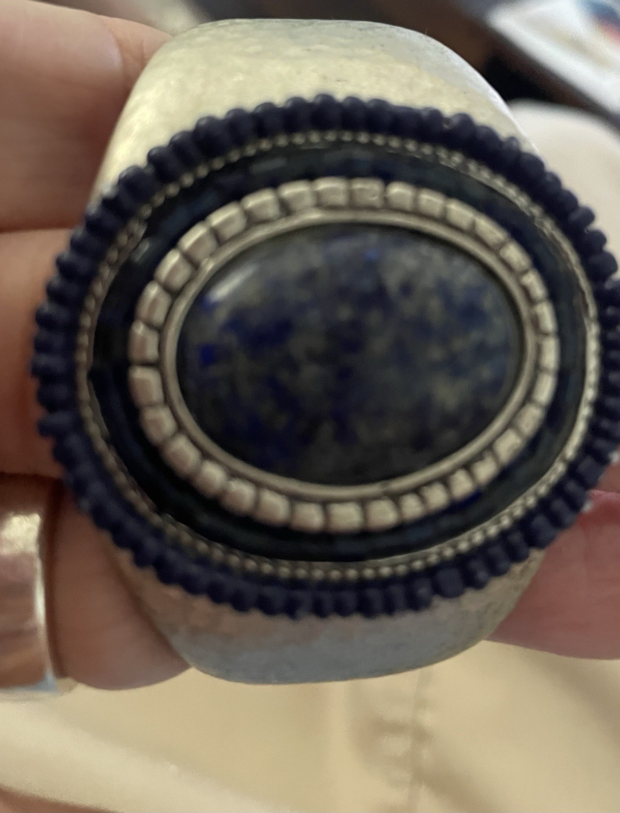 Chico’s Blue Stone Wide Cuff Bracelet Silver Tone Hammered