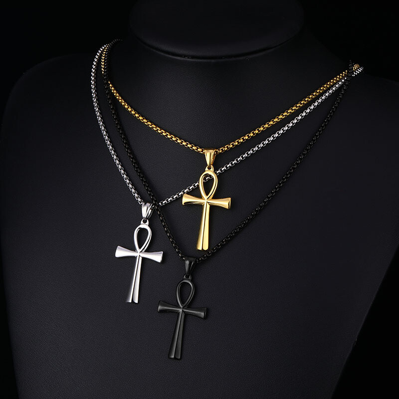 Men Women Cross Necklace Silver Stainless Steel Egyptian Ankh Pendant Chain Gift