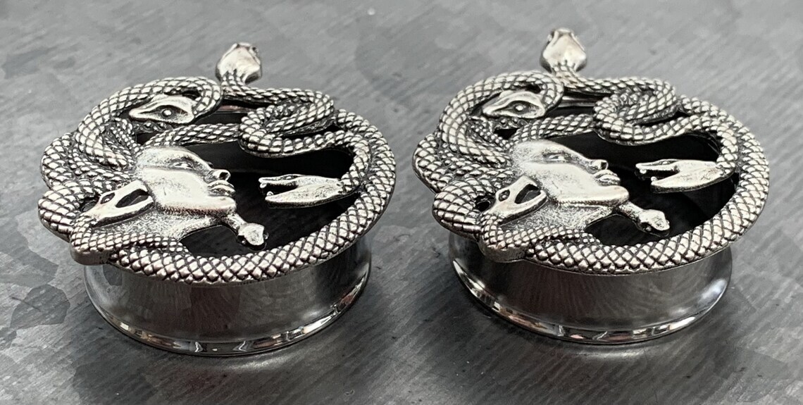 PAIR Medusa Steel Double Flare Tunnels Plugs Snake Gorgo Gorgan Earlet Gauges