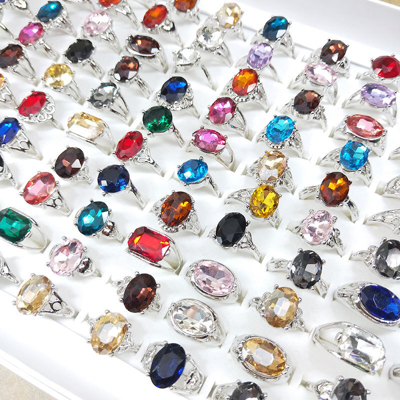 100Pcs Wholesale Colorful Crystal Mixed Rings Bulk Finger Band Ring Jewelry Lot