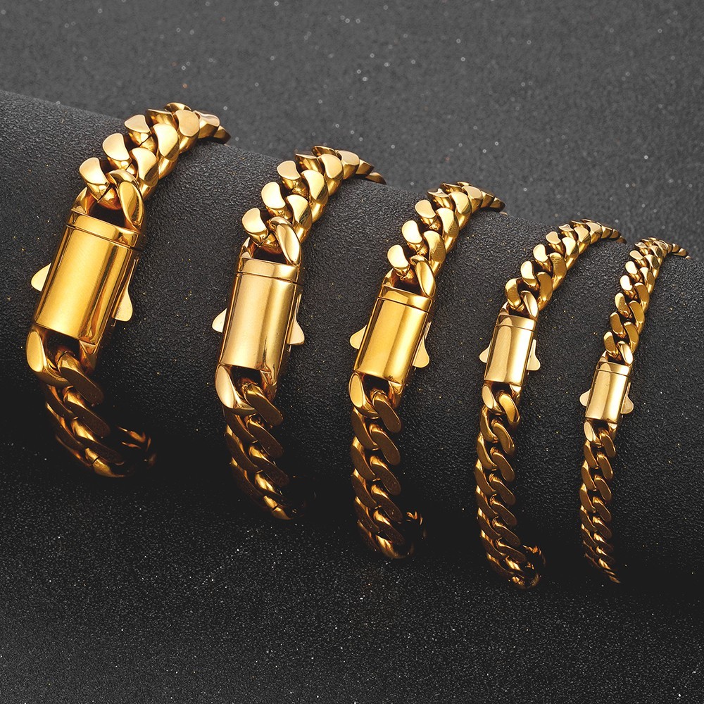 6-14mm Gold Stainless Steel Curb Cuban Link Chain Bracelet 7inch-11inch for Men