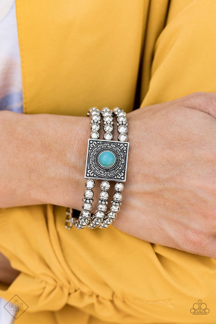 Paparazzi Silver Tone Beaded Lobster Clasp Bracelet, Bezel Set Blue Stone