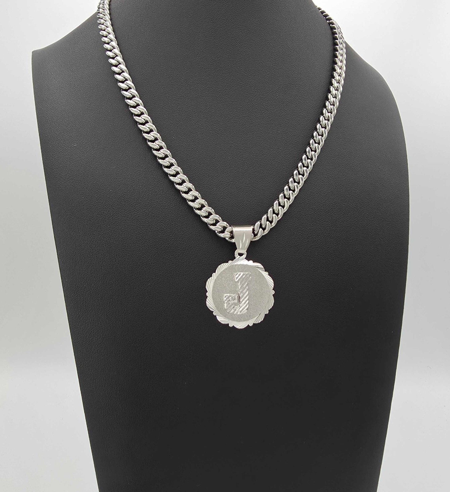Silver Initial Necklace: 7mm Cuban Chain, 30mm Pendant, Lifetime Replacement