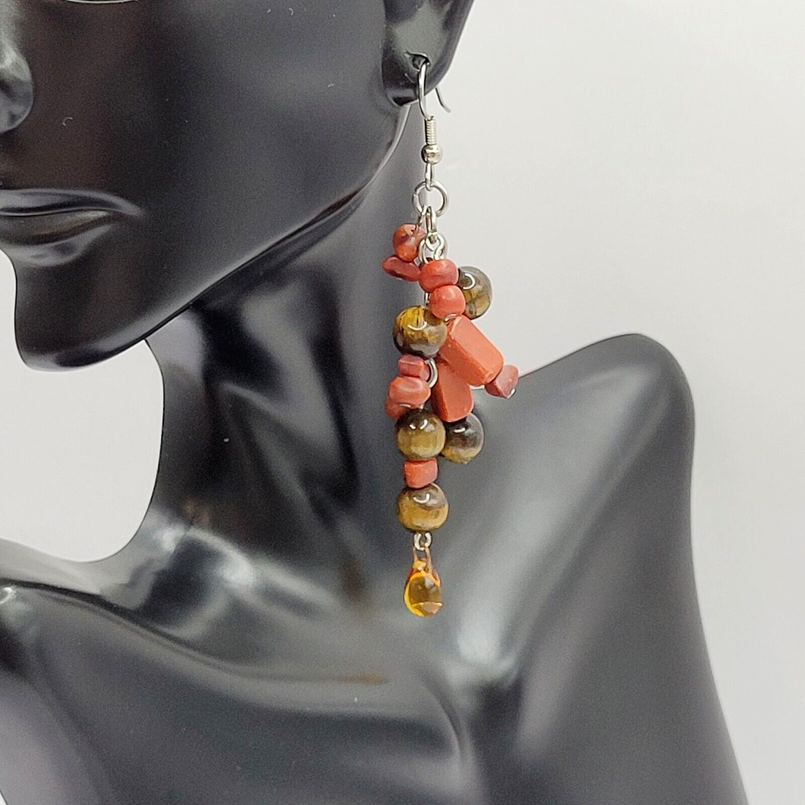 Modern Multi Shape Natural Stone Glass End Long Drop Dangle Hook Pierced Earring