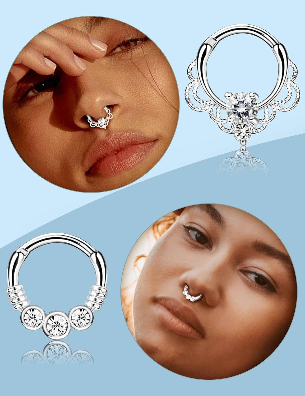 9PCS 16G Septum Rings Opal Daith Earrings Hoop Nose Rings 316L Stainless Stee…