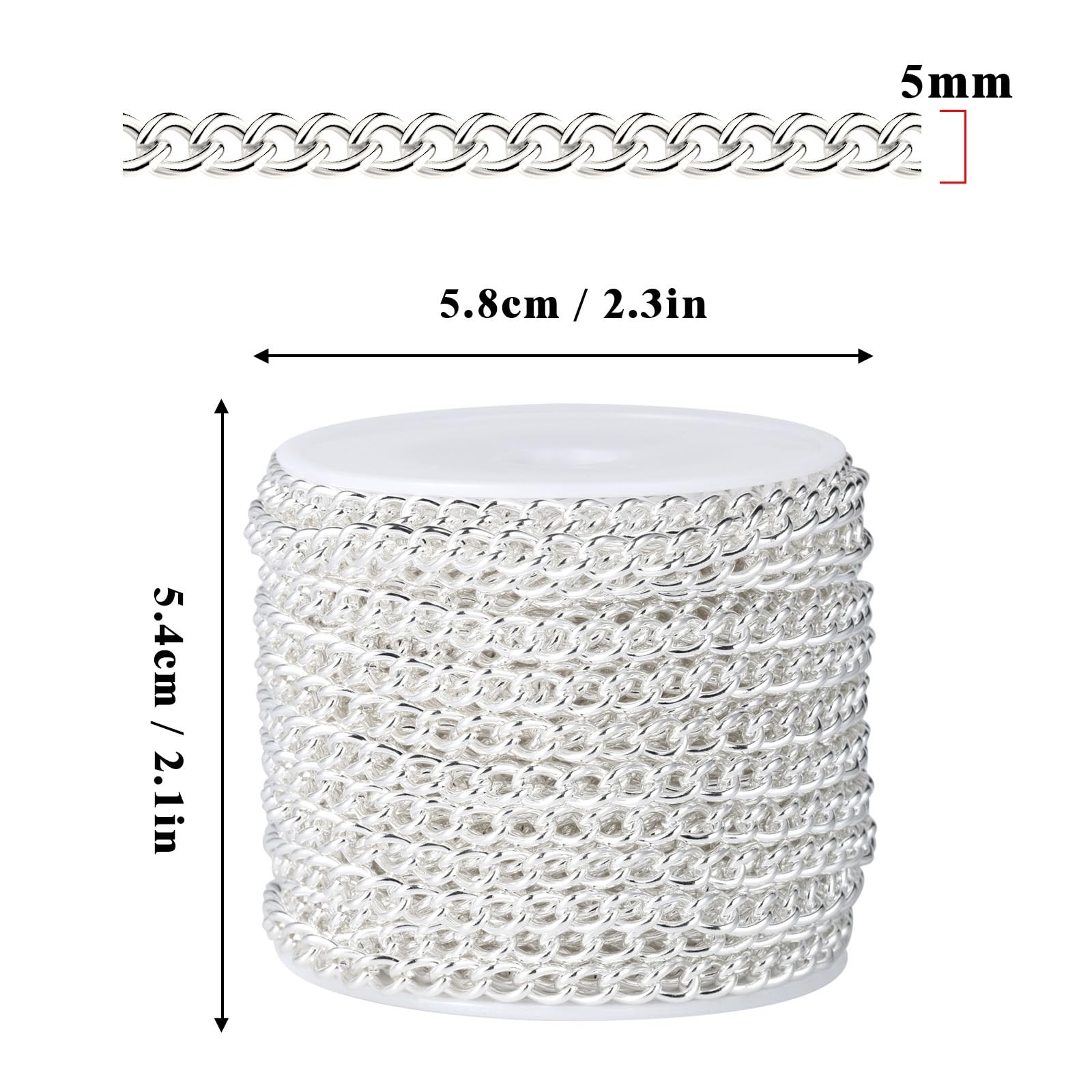 33 Feet Silver Curb Chains Bulk, 5Mm Silver Plated 304 Stainless Steel Twisted