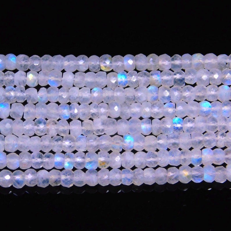 AAA Natural Flashy Rainbow Moonstone Faceted Rondelle Gemstone Beads 12” Strand