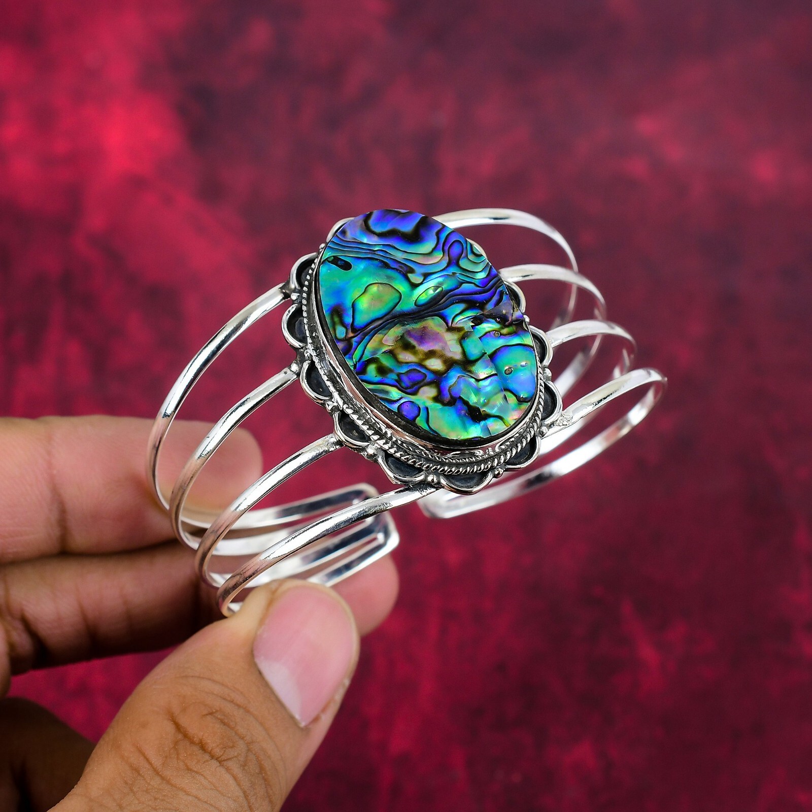 Abalone Shell Gemstone Handmade 925 Solid Silver Adjustable Bangle Jewelry