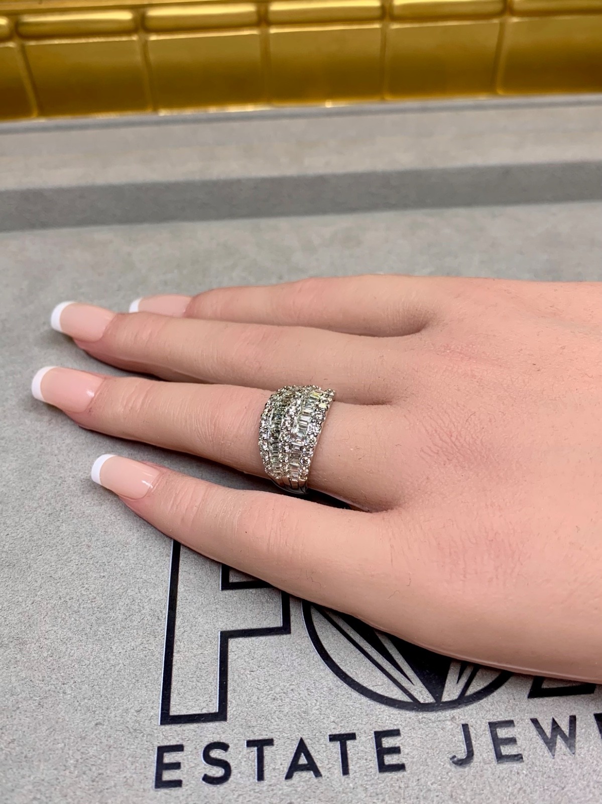 Estate 18K White Gold Baguette & Round Diamond Multi Row Wide Band Cocktail Ring