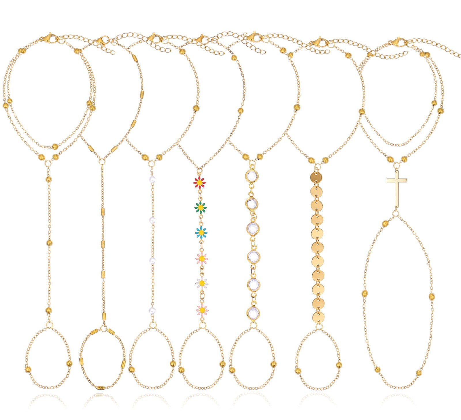 7Pcs 14K Gold Plated Hand Chain Bracelets for Women | Adjustable Stackable Jewel