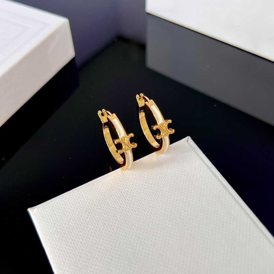 Celine Triomphe Hoop Earrings Gold Tone White Enamel Small Huggie Earrings Women