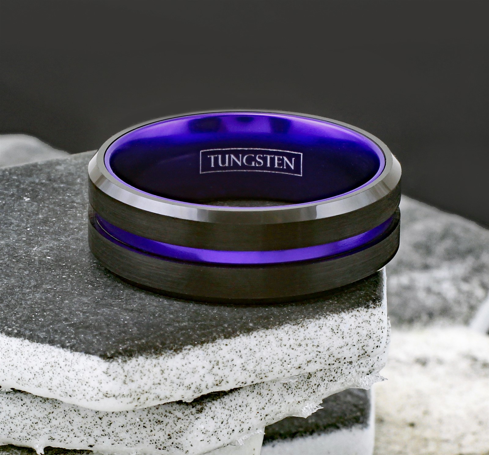 6/8mm Black Tungsten Carbide Ring Purple Stripe Wedding Band -Engraving Avail.