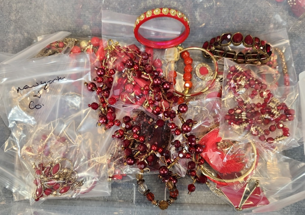Jewelry Wearable Red & Gold Tone Collection 5 Lbs Lot #704 See Description