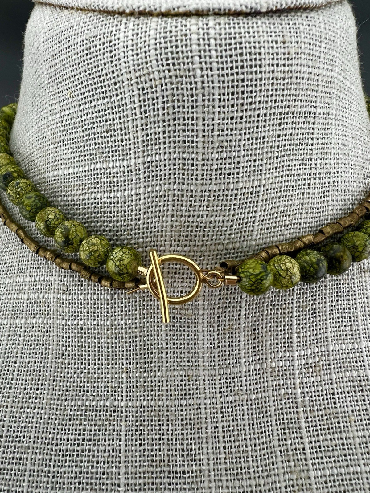 Natural Stone Necklace Green Orange Rainforest Rhyolite Beaded Artisan 16”