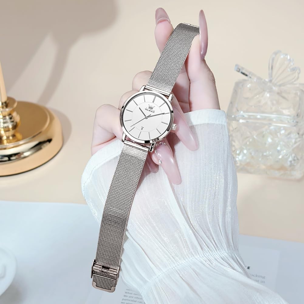 Ultra-Thin Silver Ladies Watch – Stylish Waterproof Mesh Strap with Date Display