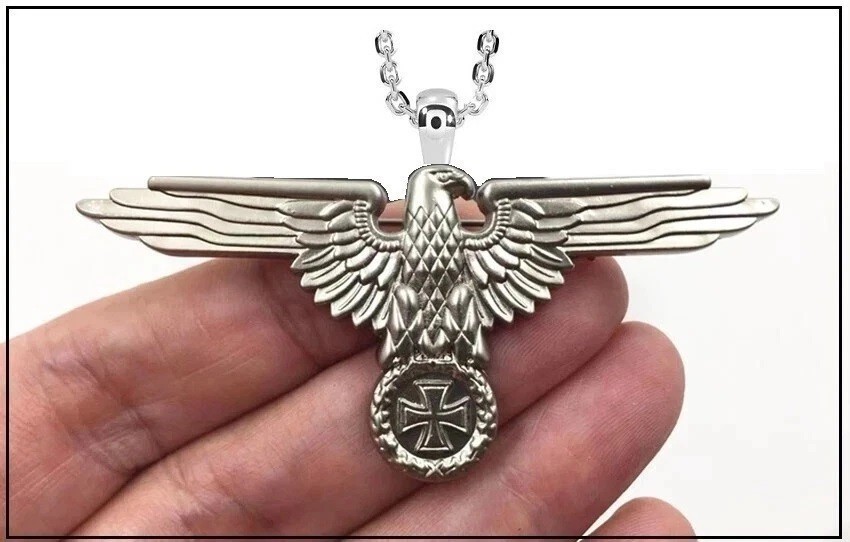 GERMAN EAGLE w/ IRON CROSS Necklace – 2 3/4″ Wide Silver Steel – 24″ Chain