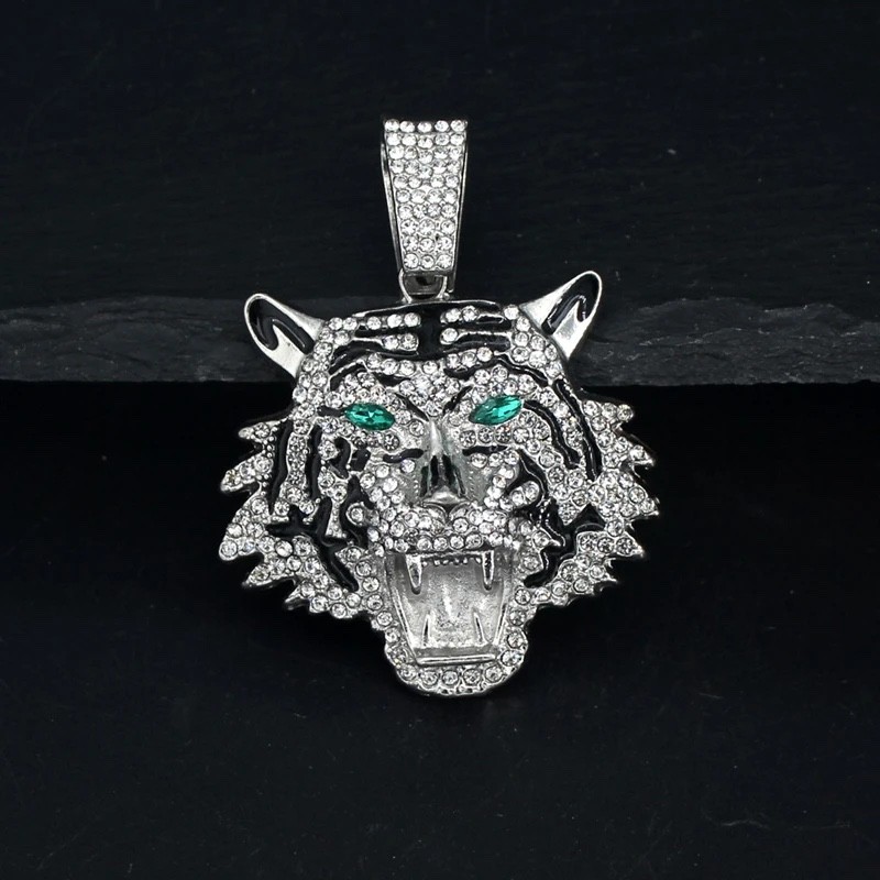 Iced Out Tiger Head Pendant Chain Silver Cuban Link Hip Hop Necklace Bling
