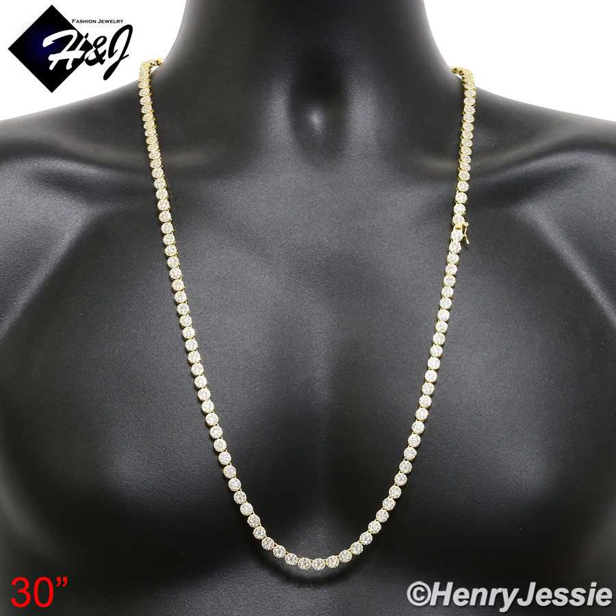 925 STERLING SILVER 18-30″X5MM GOLD PLATED 1 ROW ICY CZ CLUSTER NECKLACE*GN15