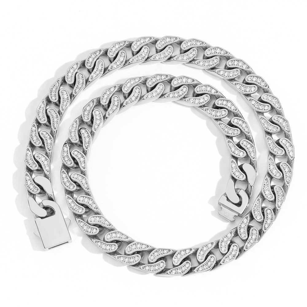 Steel Cuban Link Chain Necklace Full Zircon Mens Jewelry 12mm Hip Hop Stainless
