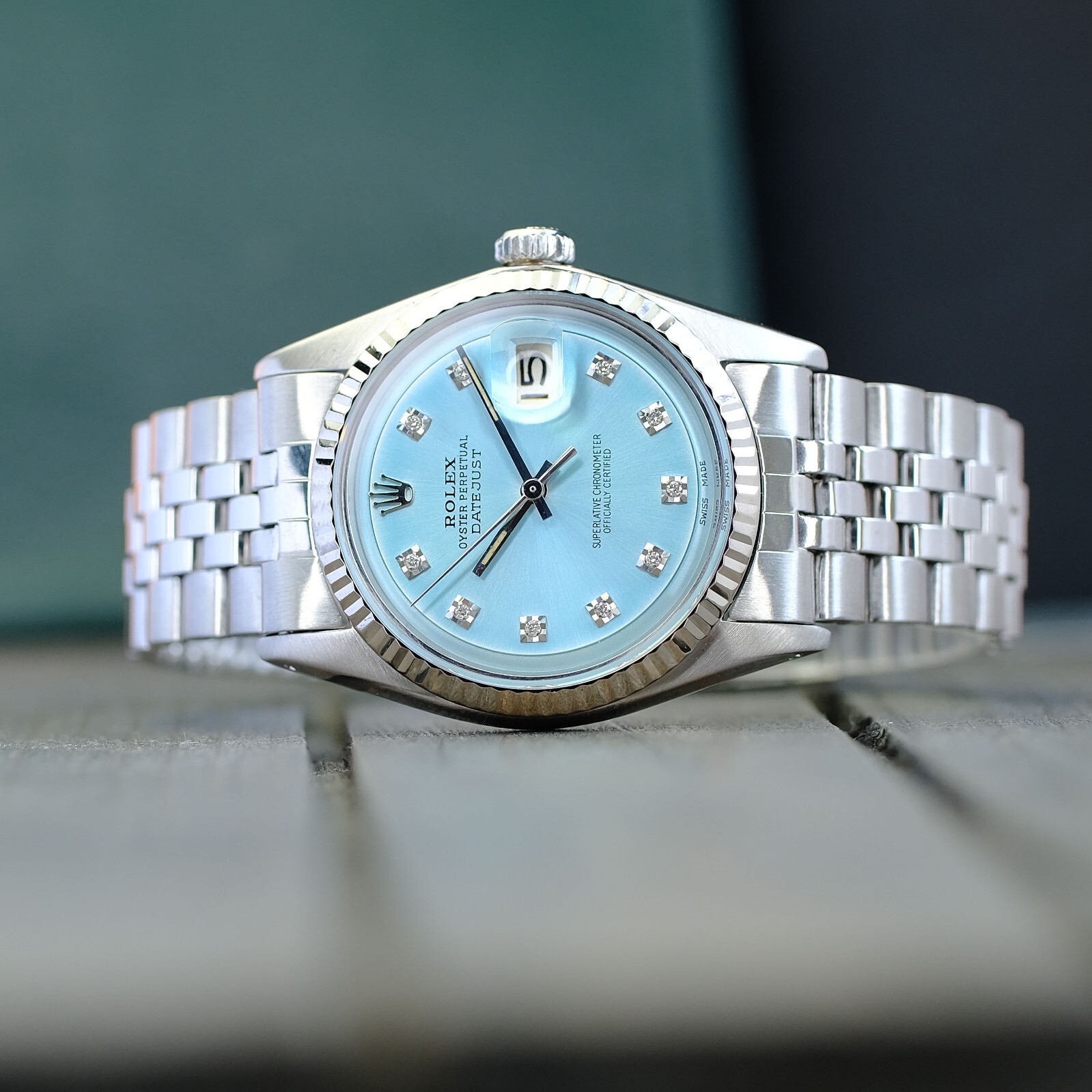 MENS ROLEX DATEJUST WATCH STEEL BLUE DIAMOND DIAL FLUTED BEZEL 36MM AUTOMATIC
